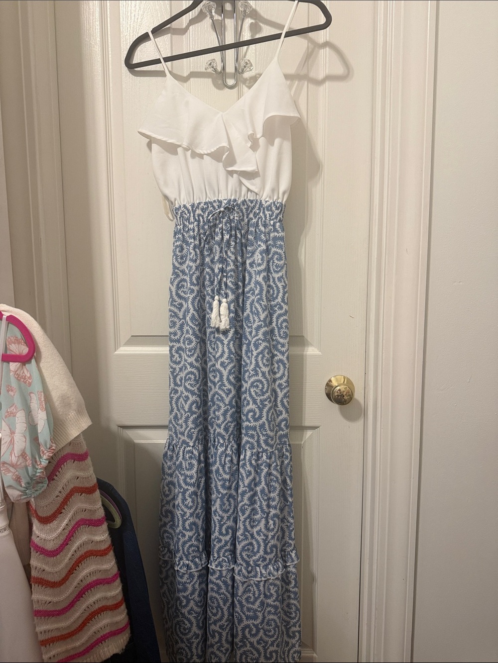 Mainstrip White & Blue Smocked Waist Maxi Dress with Tassel Tie